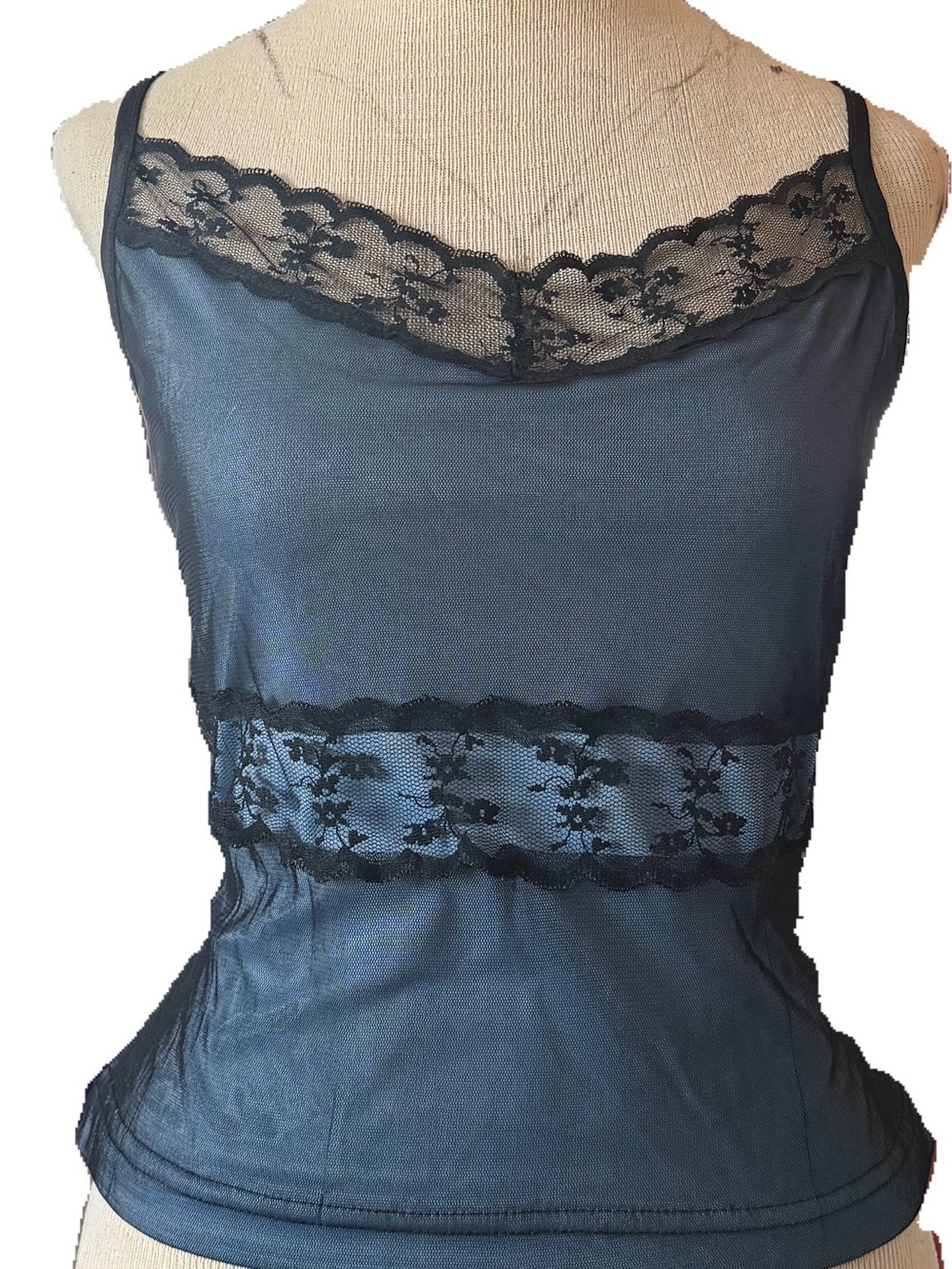 Black Floral Lace-Trim Sheer Camisole Tank